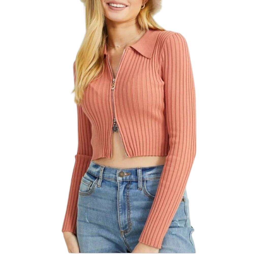 Altar'd State Crop Top Size Medium Daisy Full Zip Ribbed Knit Long Sleeve Coral